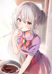 Rule 34 | 1girl, absurdres, apron, blush, bow, bowl, bowtie, brooch, chocolate making, chocolate on hand, commentary request, food on hand, grey hair, hair between eyes, half updo, highres, jewelry, kishin sagume, looking at viewer, niko kusa, open mouth, red apron, red bow, red bowtie, red eyes, short hair, short sleeves, single wing, solo, sweatdrop, touhou, wings