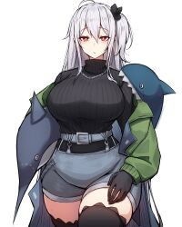 Rule 34 | 1girl, absurdres, ahoge, arknights, asymmetrical hair, belt, black bow, black gloves, black sweater, black thighhighs, blush, bow, breasts, closed mouth, commentary, cowboy shot, frown, gloves, green jacket, grey belt, grey hair, grey shorts, hair between eyes, hair bow, highres, holding, holding stuffed toy, jacket, jewelry, large breasts, long hair, looking at viewer, necklace, off shoulder, official alternate costume, open clothes, open jacket, red eyes, ribbed sweater, rikuguma, short shorts, shorts, side ponytail, simple background, skadi (arknights), skadi (the next afternoon tea) (arknights), solo, standing, stuffed animal, stuffed shark, stuffed toy, sweater, thighhighs, thighs, turtleneck, turtleneck sweater, white background, zettai ryouiki