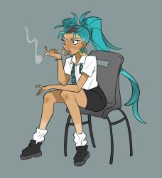 1girl aqua_eyes aqua_hair aqua_necktie black_footwear black_skirt boots cigarette commentary earrings english_commentary hatsune_miku holding holding_cigarette hoop_earrings jewelry long_hair loose_socks necktie on_chair pencil_skirt plaid_clothes plaid_necktie school_uniform shirt sitting skipppppy skirt smoking socks solo tan undone_necktie united_kingdom vocaloid white_shirt worldwide_miku