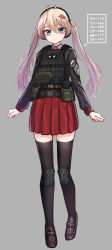 Rule 34 | 1girl, arrow (symbol), black footwear, black jacket, black thighhighs, blue eyes, closed mouth, collared shirt, full body, grey background, hair between eyes, hair ornament, hairclip, highres, jacket, knee pads, light brown hair, loafers, long hair, long sleeves, looking at viewer, magazine (weapon), original, pleated skirt, red skirt, shirt, shoes, simple background, skirt, smile, solo, standing, thighhighs, twintails, very long hair, white shirt, yakob labo