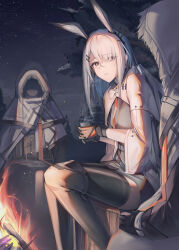 Rule 34 | 1girl, 2others, absurdres, animal ears, arknights, asymmetrical bangs, black skirt, black thighhighs, breasts, campfire, closed mouth, coat, cup, frostnova (arknights), fur-trimmed hood, fur trim, gloves, grey eyes, hair over one eye, highres, holding, holding cup, hood, hood up, hooded coat, long hair, multiple others, night, night sky, outdoors, parted lips, r oot, rabbit ears, rabbit girl, scar, scar on face, scar on nose, sitting, skirt, sky, small breasts, solo focus, star (sky), starry sky, steam, thighhighs, tree, white coat, white hair, yeti caster leader (arknights), zettai ryouiki