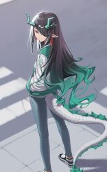 Rule 34 | 1girl, arknights, black hair, closed mouth, commentary, crosswalk, dragon girl, dragon horns, dragon tail, dusk (arknights), from behind, gradient hair, green hair, green horns, green jacket, grey pants, hair over one eye, hands in pockets, highres, horns, jacket, long hair, looking back, multicolored hair, outdoors, pants, pointy ears, red eyes, shoes, siguya, sneakers, solo, standing, tail, two-tone footwear, two-tone hair, white sleeves