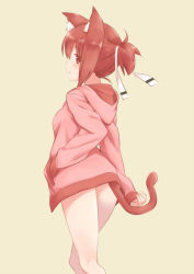 Rule 34 | 1girl, animal ears, bare legs, breasts, cat ears, cat tail, cowboy shot, expressionless, from behind, hair ribbon, hand in pocket, hood, hood down, hoodie, looking to the side, pink hoodie, red eyes, red hair, ribbon, shikou sakugo (qqap9gt9k), short hair, short ponytail, sidelocks, simple background, sleeves past wrists, small breasts, solo, standing, tail, tan background, yuuki yuuna, yuuki yuuna wa yuusha de aru, yuusha de aru