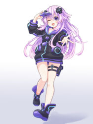 Rule 34 | 1girl, absurdres, adult neptune, black choker, black jacket, blush, boots, breasts, choker, cleavage, d-pad, d-pad hair ornament, hair between eyes, hair ornament, highres, jacket, long hair, long sleeves, looking at viewer, medium breasts, neptune (series), one eye closed, pink hair, purple eyes, shin jigen game neptune vii, shionic zm, smile, solo, thigh strap