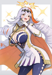 1girl absurdres baldr_(fire_emblem_heroes) bodysuit breasts cleavage colored_inner_hair earrings fire_emblem fire_emblem_heroes gloves gonzarez halo hand_on_own_hip heterochromia highres huge_breasts jewelry long_hair multicolored_hair nintendo ojou-sama_pose orange_hair red_eyes ringlets solo star_(symbol) very_long_hair white_background white_gloves yellow_eyes