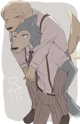 Rule 34 | 2boys, animal ears, beastars, belt, blush, body fur, carrying, cherryton school uniform, closed eyes, closed mouth, collared shirt, dog, dog ears, dog tail, furry, furry male, grey eyes, grey fur, highres, jack (beastars), legoshi, long sleeves, male focus, multiple boys, necktie, pants, personification, piggyback, pinstripe pants, pinstripe pattern, school uniform, shirt, shoes, sleeves rolled up, smile, snout, striped clothes, striped pants, suspenders, tail, tail wagging, vertical-striped clothes, vertical-striped pants, white shirt, wolf, wolf boy, wolf ears, wolf tail, yellow fur, yohhi~i