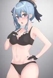 Rule 34 | 1girl, blue eyes, blue hair, blush, breasts, cleavage, collarbone, commentary request, fingerless gloves, fingernails, gloves, grey hat, hat, highres, hololive, hoshimachi suisei, hoshimachi suisei (1st costume), looking at viewer, medium breasts, nail polish, open mouth, side ponytail, simple background, solo, sozoremi, underwear, underwear only, virtual youtuber
