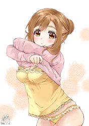 Rule 34 | 1girl, blonde hair, blush, brown hair, camisole, clothes lift, crossed arms, dated, frilled panties, frills, hair bun, hair up, kunikida hanamaru, lace-trimmed camisole, lace trim, leaning forward, long sleeves, looking at viewer, love live!, love live! sunshine!!, mikimo nezumi, no pants, panties, pink shirt, ribbon-trimmed camisole, shirt, shirt lift, signature, single hair bun, solo, underwear, undressing, yellow camisole, yellow panties