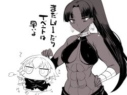 Rule 34 | 2girls, abs, assassin (fate/zero), chibi, comic, commentary request, criss-cross halter, dark-skinned female, dark skin, earrings, facial scar, fate/grand order, fate (series), female assassin (fate/zero), flapping, greyscale, hair intakes, halterneck, hand on own hip, holding, holding knife, jack the ripper (fate/apocrypha), jewelry, knife, lifting person, long hair, monochrome, multiple girls, muscular, muscular female, ponytail, sako (bosscoffee), scar, scar on cheek, scar on face, short hair, translation request