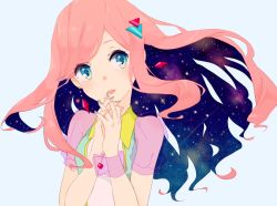 Rule 34 | 1girl, bad id, bad pixiv id, blue background, blue eyes, blush, earrings, hair ornament, jewelry, kise (swimmt), long hair, nail polish, open mouth, original, own hands clasped, own hands together, pink hair, short sleeves, solo, space, star-shaped pupils, star (sky), star (symbol), symbol-shaped pupils, upper body, wrist cuffs