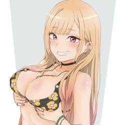 Rule 34 | 1girl, barbell piercing, beads, bikini, black bikini, blonde hair, blush, breast lift, breasts, choker, cleavage, collarbone, covered erect nipples, ear piercing, earrings, fake nails, floral print, from side, gradient hair, grin, industrial piercing, jewelry, joker (animero), kitagawa marin, large breasts, lips, long hair, looking at viewer, multicolored hair, nail polish, necklace, o-ring, o-ring bikini, piercing, pink eyes, pink nails, print bikini, ring, sidelocks, simple background, smile, solo, sono bisque doll wa koi wo suru, swept bangs, swimsuit, upper body, wristband