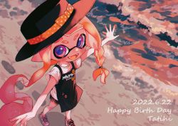 Rule 34 | 1girl, :d, apron, beach, black apron, bow, braid, dated, dolphin shorts, eyebrow cut, fangs, female focus, footprints, happy birthday, hat, hat bow, highres, iktkkwii, inkling, inkling girl, inkling player character, looking at viewer, monster energy, nintendo, open mouth, outdoors, pointy ears, purple eyes, shirt, shoes, shorts, side braid, smile, solo, splatoon (series), sunset, t-shirt, tentacle hair, walking, water, white shirt