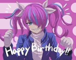 Rule 34 | 1girl, blue eyes, blue hair, blue jacket, commentary request, eyeliner, funa27 59, grin, guillaume hall, hair over one eye, hair ribbon, hands up, happy birthday, highres, jacket, long hair, long sleeves, looking at viewer, makeup, master detective archives: rain code, multicolored hair, open clothes, open jacket, open mouth, pink eyeliner, pink hair, ribbon, sharp teeth, shirt, smile, solo, streaked hair, teeth, twintails, upper body, white shirt