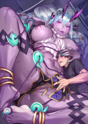 Rule 34 | 1boy, 1girl, aqua hair, bare shoulders, barefoot, bed, black hair, black skirt, blush, breasts, cameltoe, colored skin, crotch, earrings, eyeliner, fang, fate/grand order, fate (series), grey skin, hair between eyes, highres, horns, ibuki douji (fate), jewelry, large breasts, long hair, looking at viewer, magatama, makeup, multicolored hair, nail polish, navel, nekomata naomi, nipples, on bed, oni, oni horns, pelvic curtain, pillow, pink hair, pointy ears, red eyes, ribbed sweater, short hair, sidelocks, size difference, skirt, sleeveless, sleeveless sweater, smile, spread legs, sweater, thighs, toes, tongue, tongue out, turtleneck, turtleneck sweater
