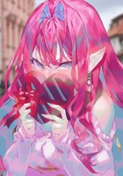 Rule 34 | 1girl, box, breasts, cleavage, clothing cutout, earrings, emoillu, baobhan sith (fate), fate/grand order, fate (series), fur collar, gift, gift box, grey eyes, hair intakes, heart-shaped box, jewelry, large breasts, long hair, long sleeves, looking at viewer, pink hair, pink sweater, pointy ears, shoulder cutout, sidelocks, slit pupils, solo, sweater