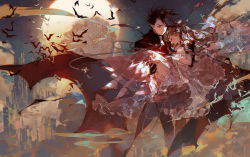 Rule 34 | 1boy, 1girl, above clouds, artist name, asymmetrical hair, bat (animal), black cape, black coat, black gloves, brown hair, cape, carrying, carrying person, chromatic aberration, closed eyes, closed mouth, cloud, coat, commentary request, curly hair, dress, fantasy, flying, frilled dress, frills, full moon, gloves, kawacy, long hair, looking at another, moon, moonlight, night, open mouth, original, outdoors, polka dot, polka dot dress, princess carry, red eyes, sparkle, swept bangs, vampire