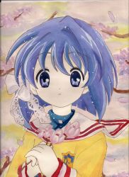 Rule 34 | 00s, 1girl, artist request, blue eyes, blue hair, clannad, female focus, flower, fujibayashi ryou, highres, kyoto animation, matching hair/eyes, nature, outdoors, school uniform, short hair, solo, traditional media