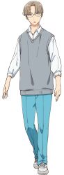 1boy ao_no_hako aqua_pants black_eyes blush brown_hair collared_shirt curtained_hair full_body glasses grey_footwear grey_sweater_vest heel_up highres kasahara_kyou nose_blush official_art open_collar pants parted_bangs parted_lips rimless_eyewear sanpaku school_uniform shirt shoes short_hair sleeves_rolled_up sneakers solo standing sweater_vest tachi-e three-quarter_sleeves transparent_background v-neck very_short_hair white_shirt wing_collar