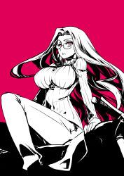 Rule 34 | 1girl, breasts, fate/stay night, fate (series), glasses, highres, impossible clothes, impossible sweater, ishida akira, large breasts, long hair, medusa (fate), medusa (rider) (fate), monochrome, motor vehicle, motorcycle, official alternate costume, pink background, pink eyes, revision, ribbed sweater, shirt, simple background, sitting, solo, spot color, square pupils, sweater, vehicle, very long hair