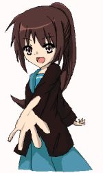 Rule 34 | 00s, 1girl, female focus, gender request, genderswap, kyon, kyonko, lowres, outstretched arm, outstretched hand, ponytail, reaching, school uniform, serafuku, simple background, solo, suzumiya haruhi no yuuutsu