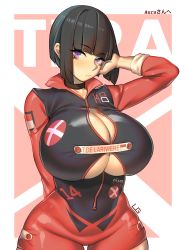 Rule 34 | 1girl, arm up, aurahack, black hair, breasts, bursting breasts, buttons, choker, cleavage, cowboy shot, groin, hand on head, highres, huge breasts, looking at viewer, purple eyes, race queen, short hair, skindentation, solo, tera (aurahack), underboob