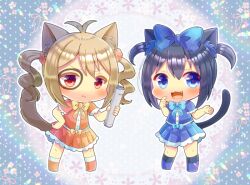 Rule 34 | 2girls, :3, :d, animal ear fluff, animal ears, antenna hair, black footwear, black hair, blue bow, blue eyes, blue footwear, blue shirt, blue skirt, bow, brown hair, cat ears, cat girl, cat tail, chibi, closed mouth, commentary request, commission, fang, hair bow, holding, kou hiyoyo, multiple girls, open mouth, orange footwear, orange shirt, orange skirt, original, pleated skirt, shirt, short sleeves, short twintails, skeb commission, skirt, smile, socks, standing, tail, twintails, white socks, yellow bow