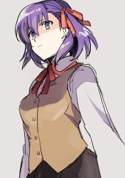 Rule 34 | 1girl, :|, arms at sides, black skirt, breasts, brown vest, buttons, closed mouth, collared shirt, eyebrows, facing away, fate/stay night, fate (series), gradient background, grey background, hair between eyes, hair ribbon, homurahara academy school uniform, long sleeves, matou sakura, medium breasts, medu (rubish), pleated skirt, purple eyes, purple hair, red ribbon, ribbon, school uniform, shirt, short hair, skirt, solo, vest, white shirt