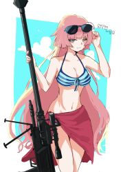 Rule 34 | 1girl, anti-materiel rifle, arm up, bikini, blue background, breasts, character name, cleavage, closed mouth, commentary request, eyewear on head, front-tie bikini top, front-tie top, girls&#039; frontline, gun, hand up, holding, holding gun, holding weapon, kzr 26, long hair, medium breasts, nail polish, name connection, navel, ntw-20, ntw-20 (girls&#039; frontline), object namesake, pink hair, red eyes, red nails, rifle, sarong, scope, smile, sniper rifle, solo, striped bikini, striped clothes, sunglasses, swimsuit, two-tone background, very long hair, weapon, white background