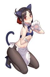 Rule 34 | 1girl, absurdres, animal ears, animal hands, apron, asymmetrical gloves, black hair, black pantyhose, blue bra, blue footwear, blue hairband, blue neckwear, bra, breasts, cat ears, cat tail, cleavage, detached collar, fake animal ears, frilled apron, frills, full body, gloves, hair ribbon, hairband, high heels, highres, kaguya-sama wa kokurasetai ~tensai-tachi no renai zunousen~, kneeling, looking to the side, maoshinian1, midriff, navel, pantyhose, parted bangs, paw gloves, paw pose, pump, pumps, red eyes, red ribbon, ribbon, shinomiya kaguya, short hair, simple background, single glove, small breasts, solo, stomach, strapless, strapless bra, tail, triangle mouth, underwear, uneven gloves, waist apron, white apron, white background, white gloves, wing collar, wrist cuffs