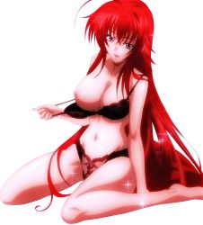 Rule 34 | 10s, ahoge, bra, bra pull, breasts, clothes pull, high school dxd, highres, large breasts, legs, lingerie, long hair, navel, nipples, one breast out, open mouth, panties, purple eyes, red hair, rias gremory, sparkle, underwear, undressing