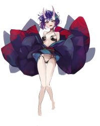 Rule 34 | 1girl, absurdres, bare legs, bare shoulders, barefoot, bob cut, breasts, fangs, fate/grand order, fate (series), highres, horns, japanese clothes, kimono, knees together feet apart, looking at viewer, navel, oni, open mouth, purple eyes, purple hair, purple kimono, revealing clothes, san (harutuki 3), short hair, shuten douji (fate), simple background, skin-covered horns, small breasts, smile, solo, standing, white background