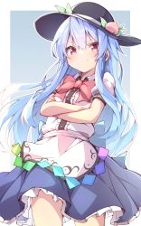 Rule 34 | 1girl, absurdres, arms under breasts, back bow, black hat, blue background, blue bow, blue hair, blue skirt, blush, border, bow, bowtie, breasts, center frills, closed mouth, collared shirt, commentary request, cowboy shot, crossed arms, eyebrows hidden by hair, food, frills, fruit, gradient background, hair between eyes, hat, highres, hinanawi tenshi, long hair, looking at viewer, nankotsu, outside border, peach, petticoat, pink eyes, puffy short sleeves, puffy sleeves, red bow, red bowtie, sash, shirt, short sleeves, simple background, skirt, small breasts, smug, solo, standing, touhou, two-tone background, v-shaped eyebrows, very long hair, white border, white sash, white shirt