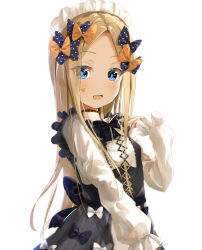 Rule 34 | 1girl, abigail williams (fate), alternate costume, apron, black bow, black dress, blonde hair, blue eyes, blush, bow, breasts, dress, enmaided, fate/grand order, fate (series), forehead, hair bow, highres, long hair, long sleeves, maid, maid headdress, multiple hair bows, open mouth, orange bow, parted bangs, polka dot, polka dot bow, sakazakinchan, simple background, small breasts, smile, white apron, white background