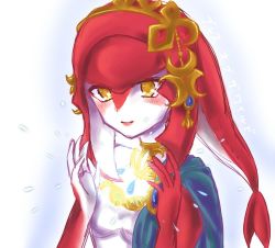Rule 34 | 1girl, bad id, bad twitter id, bare shoulders, blush, breasts, choker, closed mouth, colored skin, copyright name, crescent, crescent hair ornament, diamond (shape), fins, fish girl, gem, hair between eyes, hair ornament, jewelry, light, light particles, lips, long hair, mipha, monster girl, multicolored skin, necklace, nintendo, no eyebrows, no nipples, nonokasu, pink lips, princess, red hair, red skin, small breasts, smile, solo, text focus, the legend of zelda, the legend of zelda: breath of the wild, upper body, white skin, yellow eyes, zora