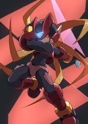 Rule 34 | 1boy, armor, black background, blonde hair, boots, crop top, energy sword, forehead jewel, full body, glowing, glowing eyes, highres, holding, holding sword, holding weapon, long hair, looking at viewer, mega man (series), mega man zero (series), omega (mega man), red armor, red background, red eyes, red footwear, red helmet, shoyu-z, solo, sword, weapon