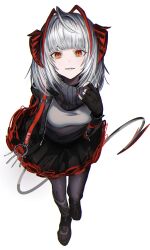 Rule 34 | 1girl, absurdres, adjusting scarf, antenna hair, arknights, black gloves, black jacket, black scarf, black skirt, black tail, blunt bangs, chromatic aberration, cross-shaped pupils, eyes visible through hair, fingerless gloves, fingernails, from above, full body, gawako, gloves, grey hair, grey pantyhose, grey shirt, hand up, highres, jacket, long sleeves, looking at viewer, making-of available, medium hair, multicolored hair, nail polish, open clothes, open jacket, orange eyes, pantyhose, parted lips, red hair, red nails, scarf, shirt, simple background, skirt, solo, streaked hair, symbol-shaped pupils, tail, w (arknights), white background