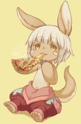 Rule 34 | 1other, :3, animal ears, blunt bangs, cheese trail, choke (amamarin), clip studio paint (medium), commentary request, eating, food, furry, highres, holding, holding food, holding pizza, made in abyss, nanachi (made in abyss), navel, pizza, pizza slice, short hair, simple background, sitting, solo, tail, topless, whiskers, white hair, yellow background, yellow eyes