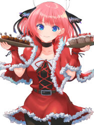 Rule 34 | 1girl, belt, black choker, black pantyhose, blue eyes, butterfly hair ornament, cake, cake slice, capelet, chicken (food), chicken leg, choker, closed mouth, collarbone, cowboy shot, dress, fingerless gloves, food, gloves, go-toubun no hanayome, hair ornament, hands up, highres, hirokiku, holding, holding tray, looking at viewer, nakano nino, pantyhose, pink hair, red capelet, red gloves, santa dress, short hair, short sleeves, solo, tray, white background