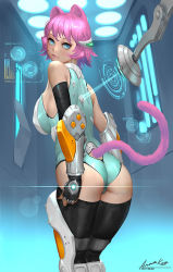 Rule 34 | 1girl, animal ears, ariverkao, ass, blue eyes, breasts, cat ears, cat tail, elbow gloves, from behind, gloves, headgear, holographic monitor, large breasts, laser, leotard, looking back, original, pink hair, science fiction, short hair, skin tight, solo, standing, tail, thighhighs