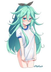 Rule 34 | 10s, 1girl, 3:, alternate costume, aqua hair, ass, blue eyes, blush, choker, commentary request, cropped legs, green hair, gym uniform, hair between eyes, hair ornament, hair ribbon, hairclip, highres, kantai collection, long hair, looking at viewer, nose blush, ribbon, short sleeves, simple background, solo, twitter username, white background, yamakaze (kancolle), yaosera