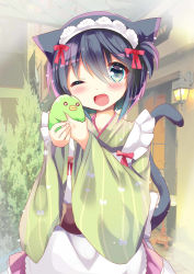 Rule 34 | 1girl, ;d, animal, animal ears, apron, bird, black hair, blue eyes, blush, bow, cat ears, cat girl, cat tail, commentary request, day, frilled apron, frills, green kimono, hair between eyes, head tilt, holding, holding animal, japanese clothes, kimono, kuriyuzu kuryuu, long sleeves, looking at viewer, maid, maid headdress, one eye closed, open mouth, original, outdoors, pink skirt, red bow, short hair, short kimono, skirt, smile, solo, striped clothes, striped kimono, tail, vertical-striped clothes, vertical-striped kimono, wa maid, white apron, wide sleeves