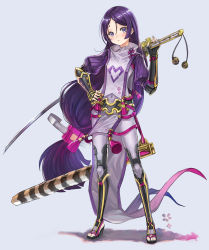 Rule 34 | 1girl, absurdres, blush, bodysuit, breasts, fate/grand order, fate (series), full body, hair ornament, hand on own hip, highres, holding, holding sword, holding weapon, katana, long hair, looking at viewer, mhg (hellma), minamoto no raikou (fate), purple eyes, purple hair, sandals, sheath, small breasts, solo, standing, sword, very long hair, weapon, aged down