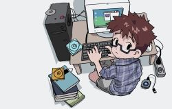 Rule 34 | 1boy, 2000s, book, brown hair, cd, computer, digimon, digimon adventure, digivice, from above, from behind, glasses, highres, izumi koshiro, keyboard (computer), looking at viewer, looking back, monitor, on floor, on ground, semi-rimless eyewear, shirt, short hair, shorts, simple background, sitting, solo, tagme, under-rim eyewear, white background