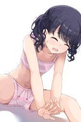 Rule 34 | 1girl, bare arms, bare shoulders, black hair, bra, closed eyes, collarbone, commentary request, dutch angle, fangs, flat chest, fukumaru koito, highres, hiroki (yyqw7151), idolmaster, idolmaster shiny colors, navel, open mouth, own hands together, short shorts, shorts, skin fangs, solo, spread legs, stomach, stretching, striped bra, striped clothes, striped shorts, sweatdrop, twintails, underwear, white background