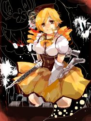 Rule 34 | 10s, 1girl, beret, blonde hair, charlotte (madoka magica), cut-here line, detached sleeves, dotted line, drill hair, gun, hair ornament, hat, magical girl, magical musket, mahou shoujo madoka magica, mahou shoujo madoka magica (anime), mami mogu mogu, rifle, skirt, smile, tegaki, tomoe mami, tomoe mami (magical girl), twin drills, twintails, weapon, yellow eyes