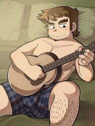 Rule 34 | 1boy, bara, beard stubble, boxers, brown hair, bulge, facial hair, feet out of frame, forked eyebrows, guitar, highres, instrument, jitome, leg hair, long sideburns, male focus, male underwear, milo (getingko), music, on bed, playing instrument, scott pilgrim (series), scott pilgrim takes off, short hair, sideburns, solo, stephen stills, stubble, thick eyebrows, topless male, underwear