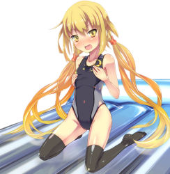 Rule 34 | 10s, 1girl, bare shoulders, blonde hair, blush, competition swimsuit, crescent, crescent hair ornament, flat chest, hair ornament, inflatable raft, kantai collection, kneeling, long hair, looking at viewer, low twintails, one-piece swimsuit, open mouth, satsuki (kancolle), satsuki kai ni (kancolle), solo, swimsuit, thighhighs, tomineko (tomineko p), twintails, yellow eyes
