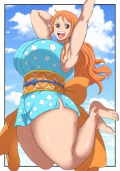 Rule 34 | 1girl, alternate costume, armpits, blue sky, breasts, cloud, day, feet, full body, highres, huge breasts, japanese clothes, jumping, long hair, looking at viewer, low ponytail, nami (one piece), nami (one piece) (wano), official alternate costume, one piece, orange eyes, orange hair, oryutoo, shiny skin, sky, smile, solo, teeth, thick thighs, thighs, toes, tongue