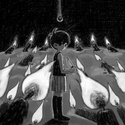 Rule 34 | 1boy, antenna hair, black eyes, black hair, black socks, black tank top, candle, child, expressionless, fire, greyscale, hand up, holding, holding knife, holding weapon, knife, light bulb, looking at viewer, looking back, male focus, melting, monochrome, omori, omori (omori), shorts, socks, solo, standing, striped, striped shorts, sun iiinu, tank top, vertical-striped shorts, vertical stripes, weapon