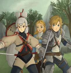 Rule 34 | 1boy, 2girls, armor, blonde hair, blue eyes, brown hair, elf, fighting stance, forest, frown, gloves, grass, hyrule warriors: age of calamity, impa, leggings, link, long hair, looking at viewer, mountain, multiple girls, nature, nintendo, pointy ears, princess zelda, red eyes, shield, shorts, sidelocks, silver hair, standing, sword, the legend of zelda, tree, weapon